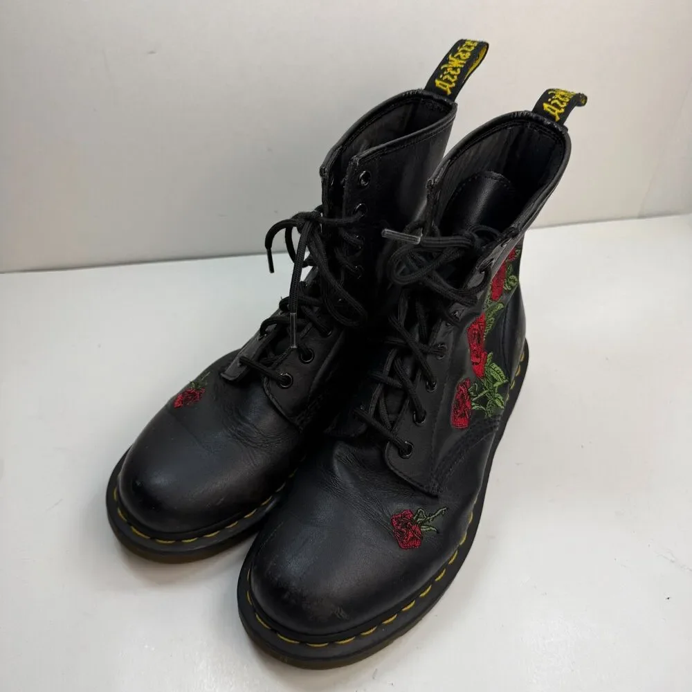Dr Martens 1460 W Vonda Boots Women’s Size 9 Black Roses Floral Embroidered